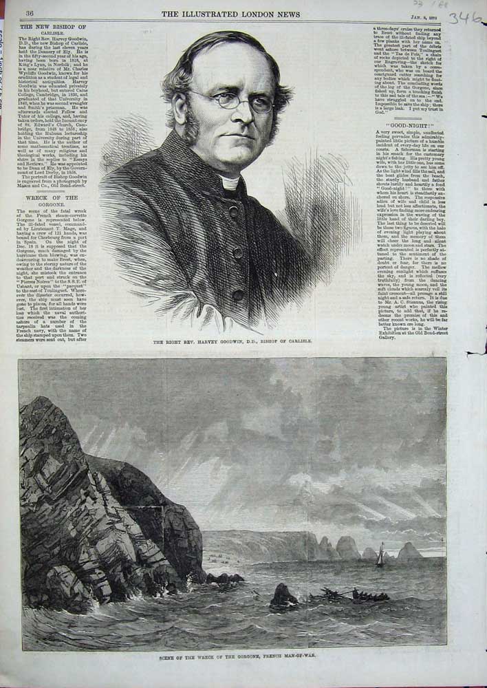 Old Antique Print 1870 Rev. Harvey Goodwin Ship Wreck Gorgone French War 19th