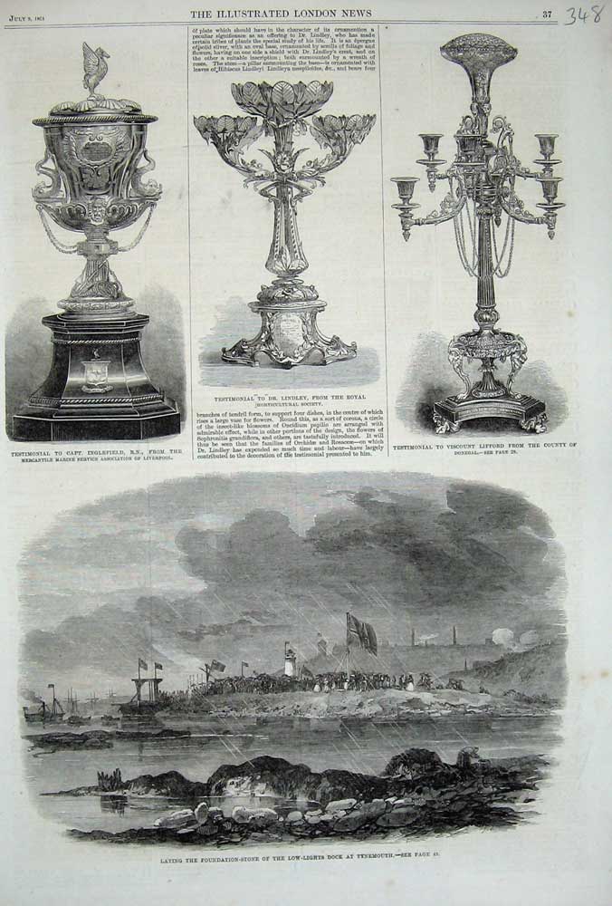 Original Old Antique Print 1861 Low-Lights Docks Tynemouth Testimonial Trophies