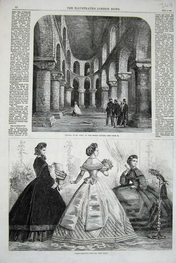 Original Old Antique Print Paris Fashion Women 1863 Chapel St John White Tower