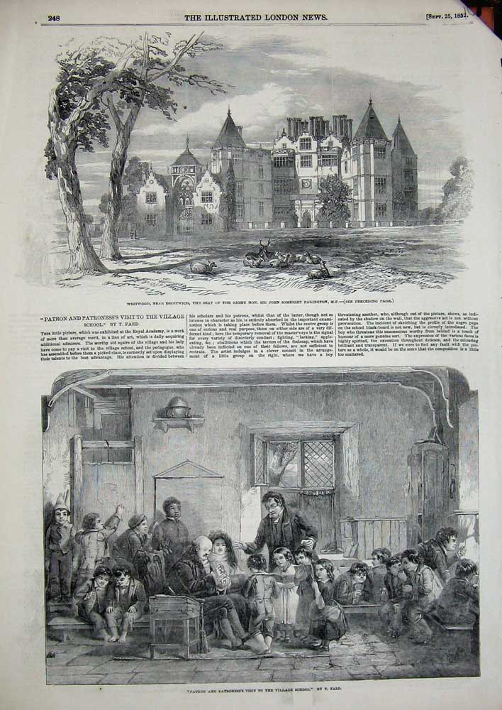 Old Antique Print Westwood Droitwich John Pakington 1852 Village School 19th