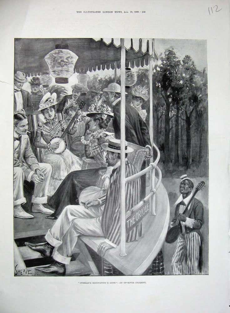 Old Antique Print 1899 River Boat Music Man Oriole Ladies Othello Sherie 19th