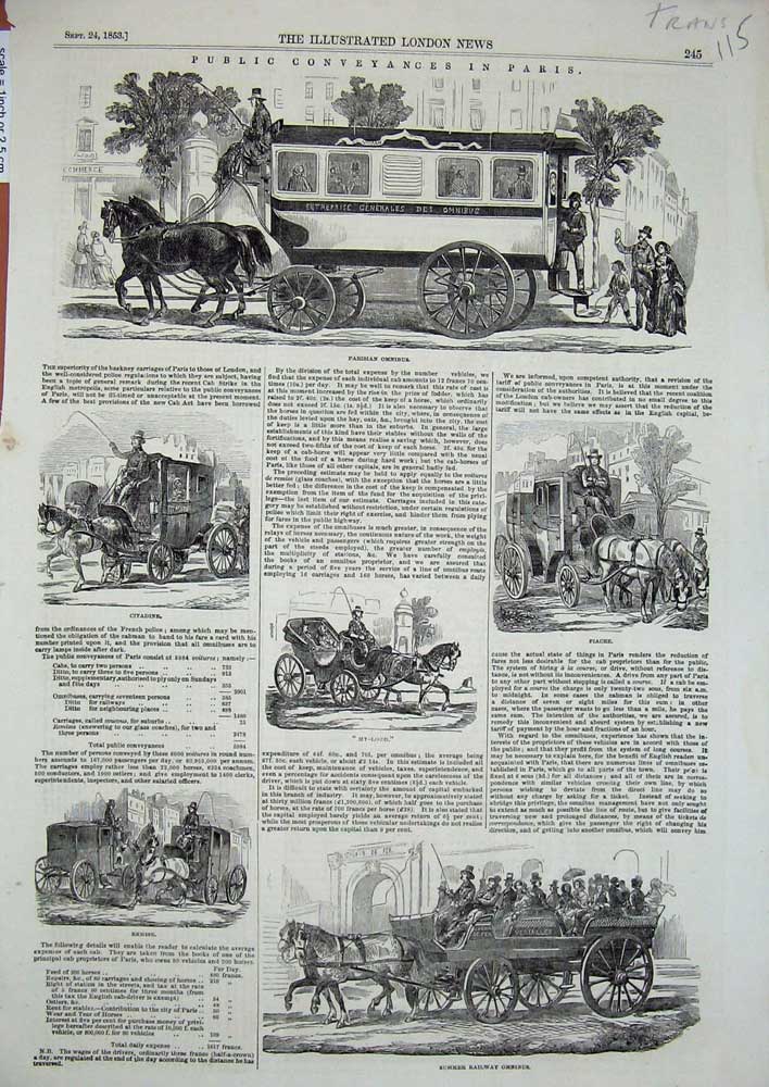 Original Old Antique Print Transport 1853 Paris Omnibus Railway Citadine Remise