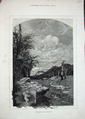 Original Old Antique Print Montbard Fine Art 1880 March Trees Sea Wind Clouds
