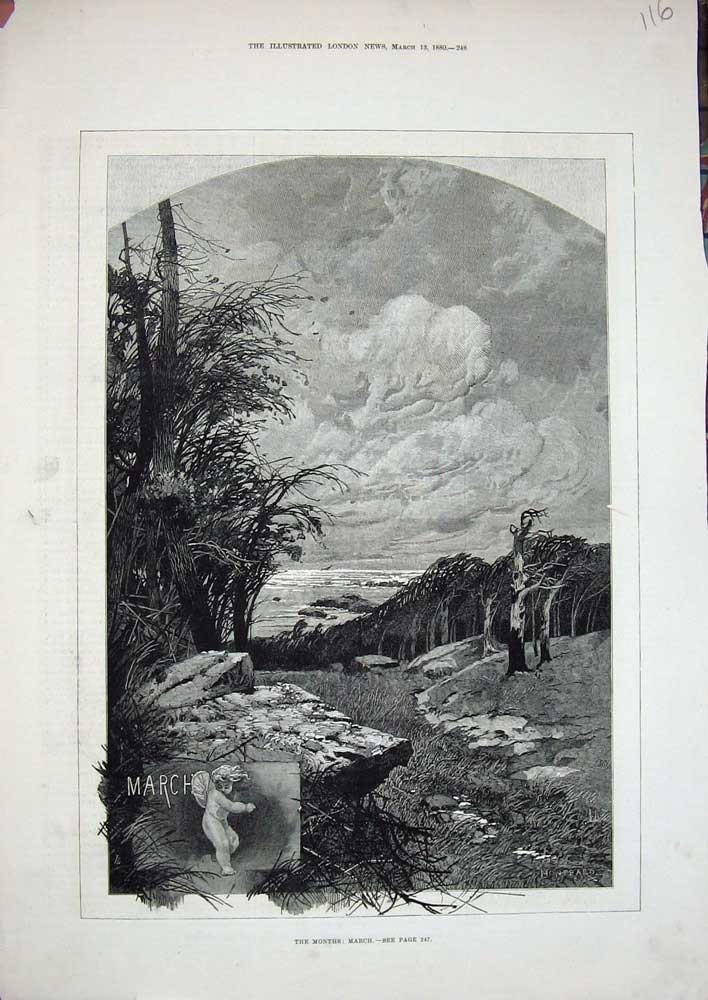 Original Old Antique Print Montbard Fine Art 1880 March Trees Sea Wind Clouds