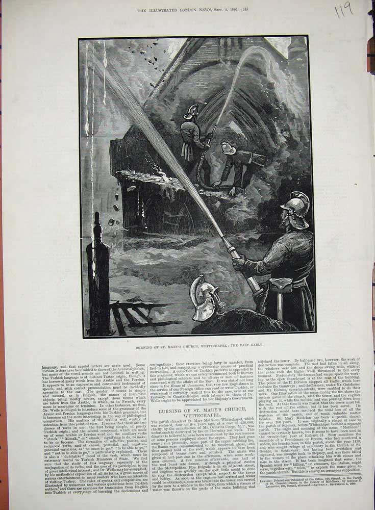 Old Antique Print 1880 Burning St Mary'S Church Whitechapel Fire-Men Art 19th