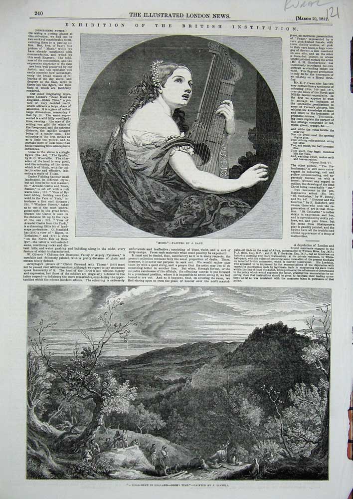 Original Old Antique Print 1852 Portrait Woman Music Harp Boar Hunting England