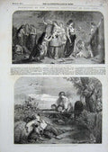Old Antique Print 1854 Exhibition Arts Ten Virgins Children Country Dog 19th