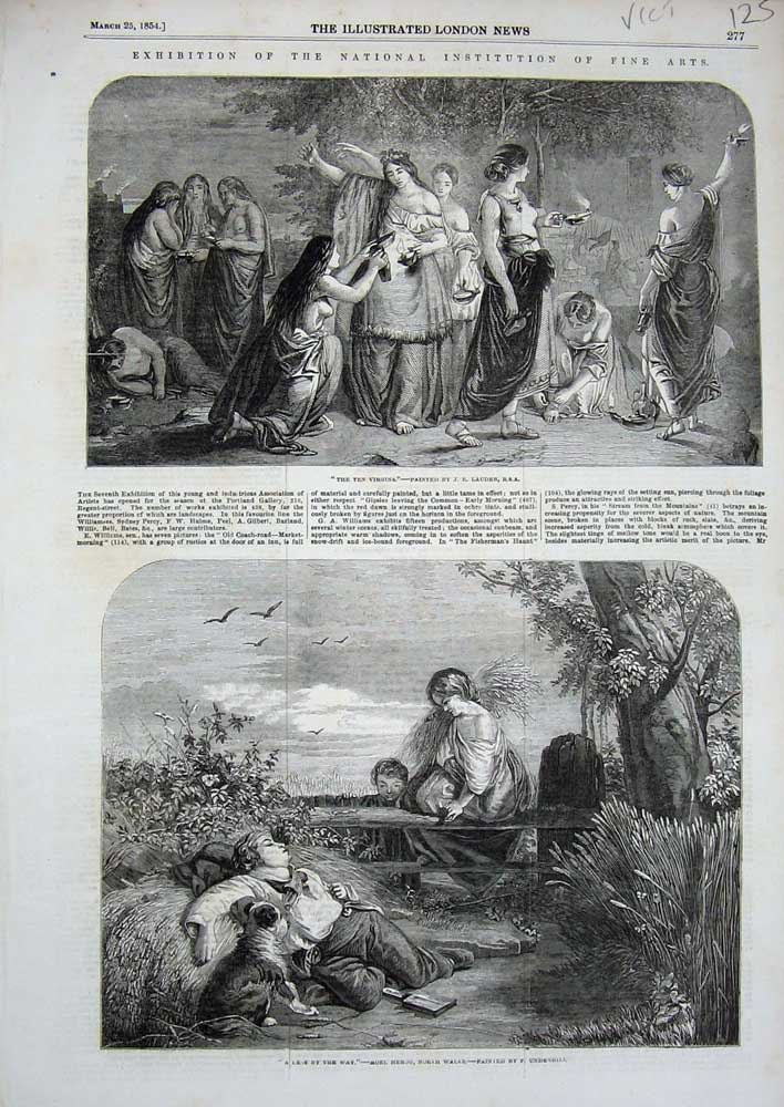 Old Antique Print 1854 Exhibition Arts Ten Virgins Children Country Dog 19th