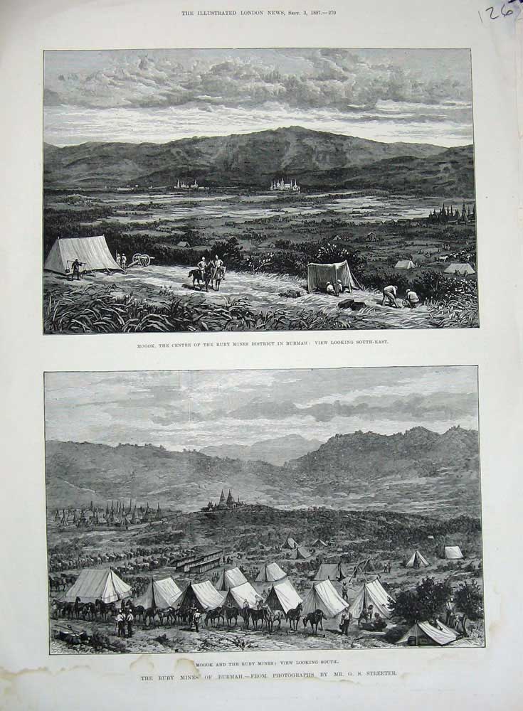 Original Old Antique Print Ruby Mines Burmah 1887 Mogok Mountains Camp Tents