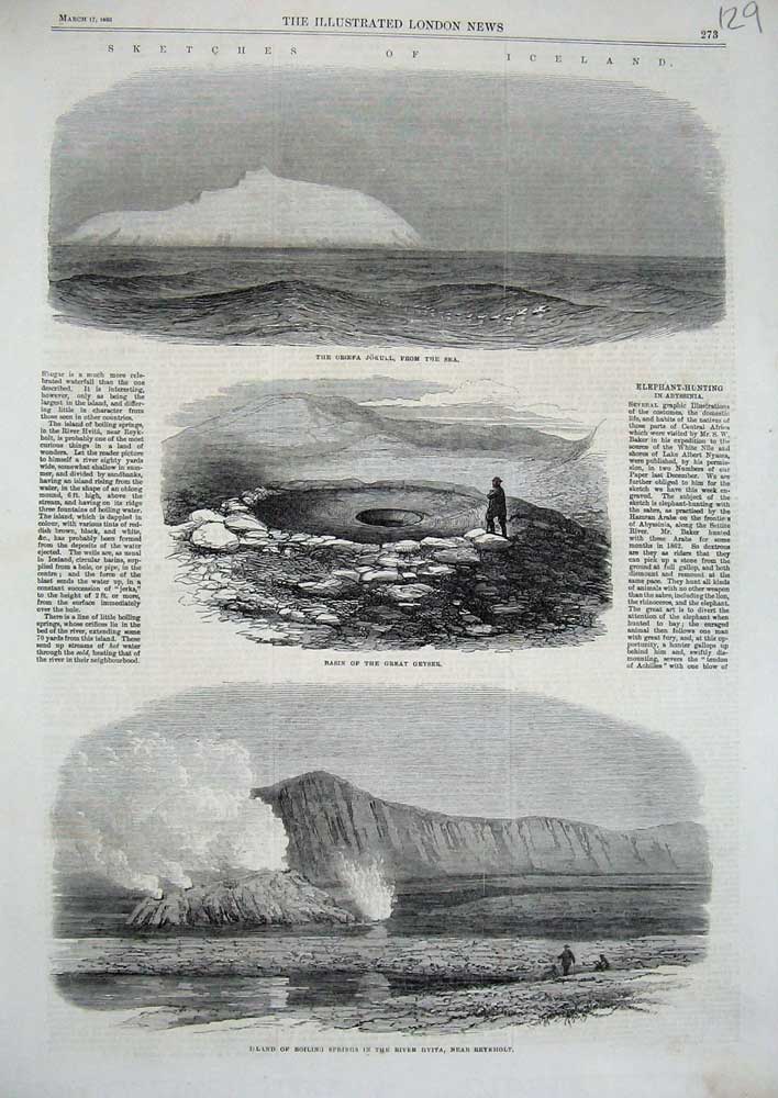 Old Antique Print 1866 Iceland Oroefa Jokull Great Geyser Hvita Reykholt 19th