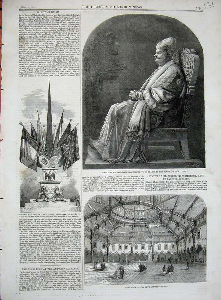 Original Old Antique Print Antwerp Bourse Trophy Dinan 1858 Jeejeebhoy Calcutta