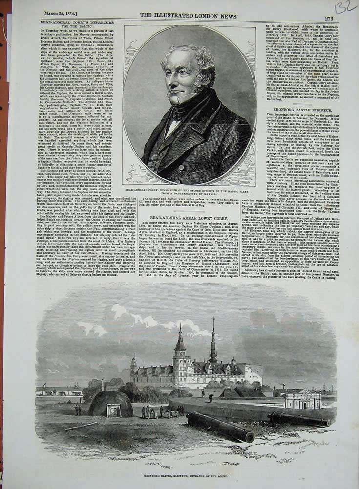 Original Old Antique Print 1854 Rear-Admiral Corry Kronburg Castle Elsineur War