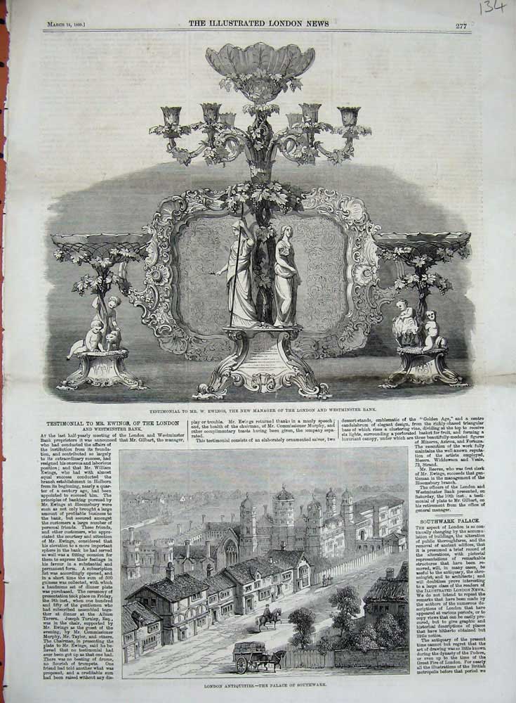 Original Old Antique Print 1860 London Southwark Testimonial Ewings Westminster