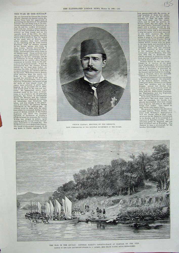 Old Antique Print 1885 Prince Hassan Khedive War Soudan Hamdab Nile Earle 19th