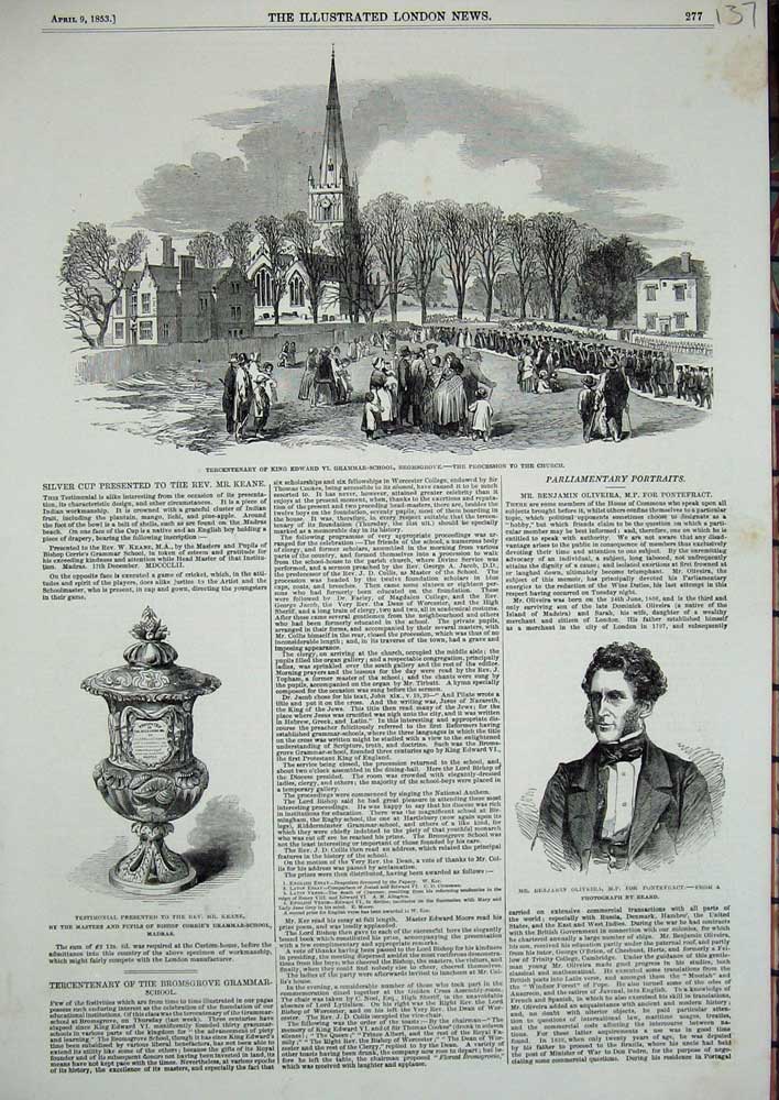 Original Old Antique Print King Edward Grammar School Bromsgrove 1853 Oliveira