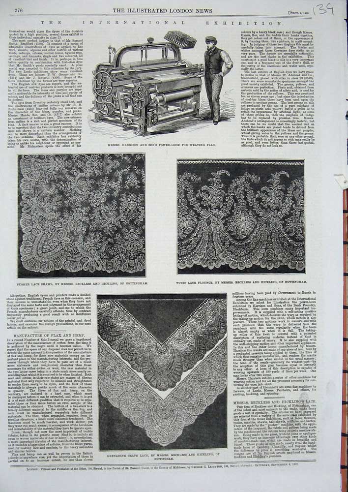 Original Old Antique Print 1862 Harrison Power-Loom Weaving Flax Lace Hickling