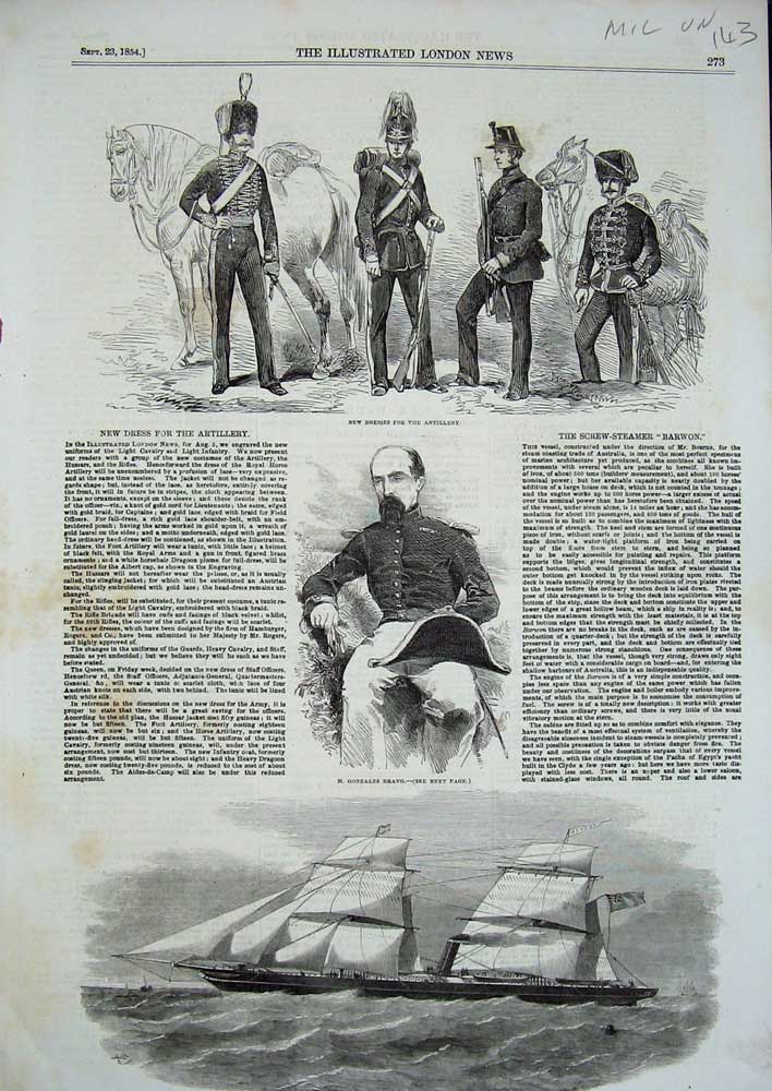Old Antique Print 1854 Steamer Ship Barwon Gonzales Bravo Artillery Army 19th