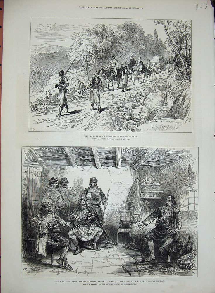Original Old Antique Print 1876 War Servian Peasants Montenegrin Voivode Toupan