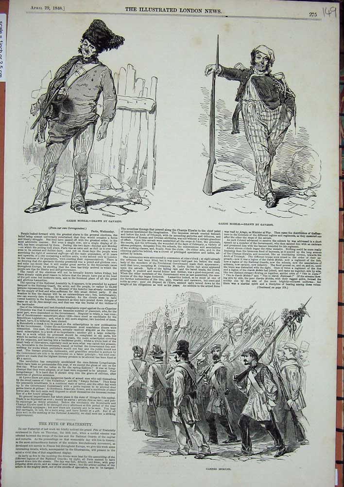 Original Old Antique Print Gardes Mobiles 1848 Siers Uniform Comedy Gavarni