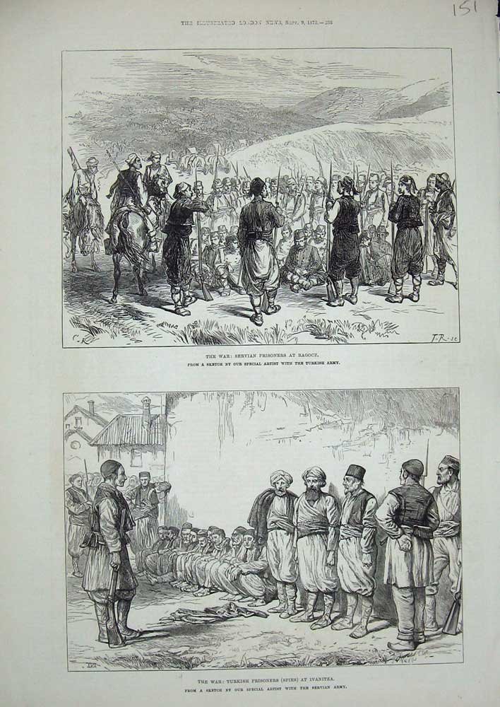 Old Antique Print 1876 War Servian Ragocz Turkish Prisoners Ivanitza Army 19th