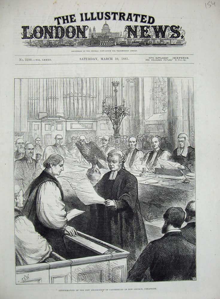 Original Old Antique Print 1883 New Archbishop Canterbury Bow Church Cheapside