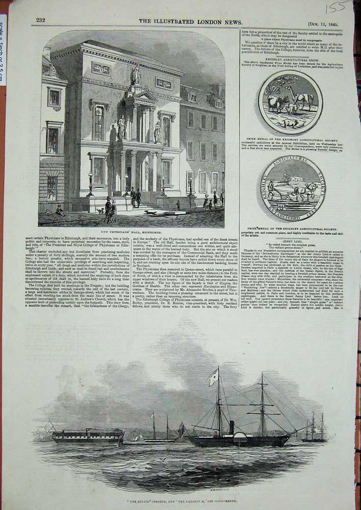 Old Antique Print 1845 ÔøΩclair Steamer Ship Motherbank Edinburgh Physician 19th