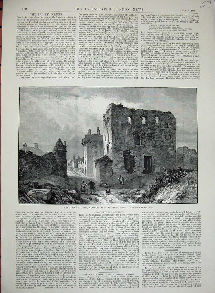 Original Old Antique Print Bishop'S Castle Glasgow Buildings Ruins People 1888