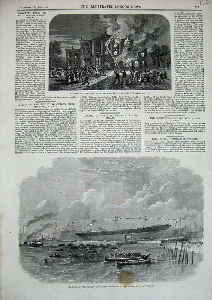 Original Old Antique Print 1864 Knight Commander Steam Ship Pengwern Hall Asaph
