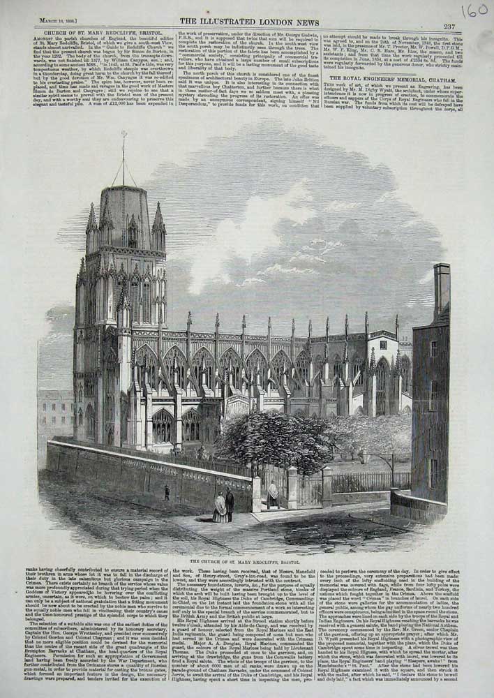 Old Antique Print 1860 Church St Mary Redcliffe Bristol Architecture Art 19th