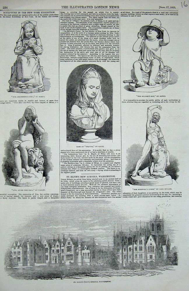 Old Antique Print 1853 Elfin School Warrington Sculpture Magni Galli Carl 19th