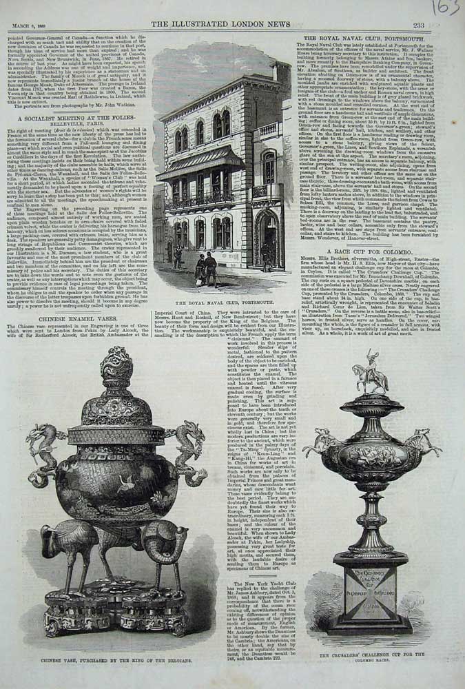 Original Old Antique Print 1869 Royal Naval Club Portsmouth Vase Belgians Sport