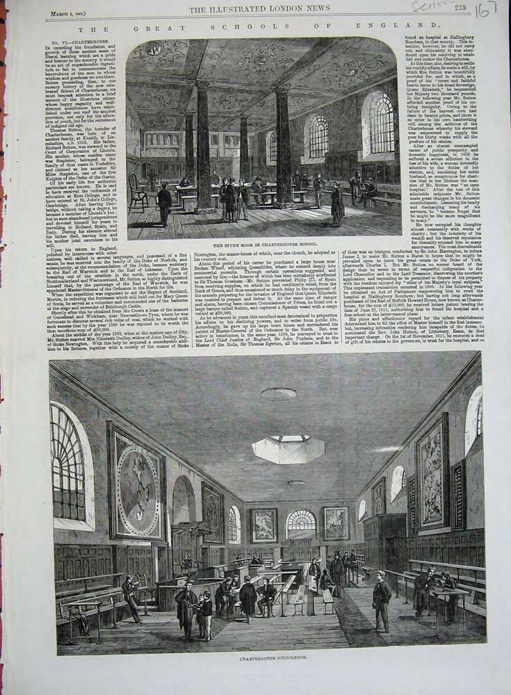 Old Antique Print 1862 Study Room Charterhouse School Children Students 19th