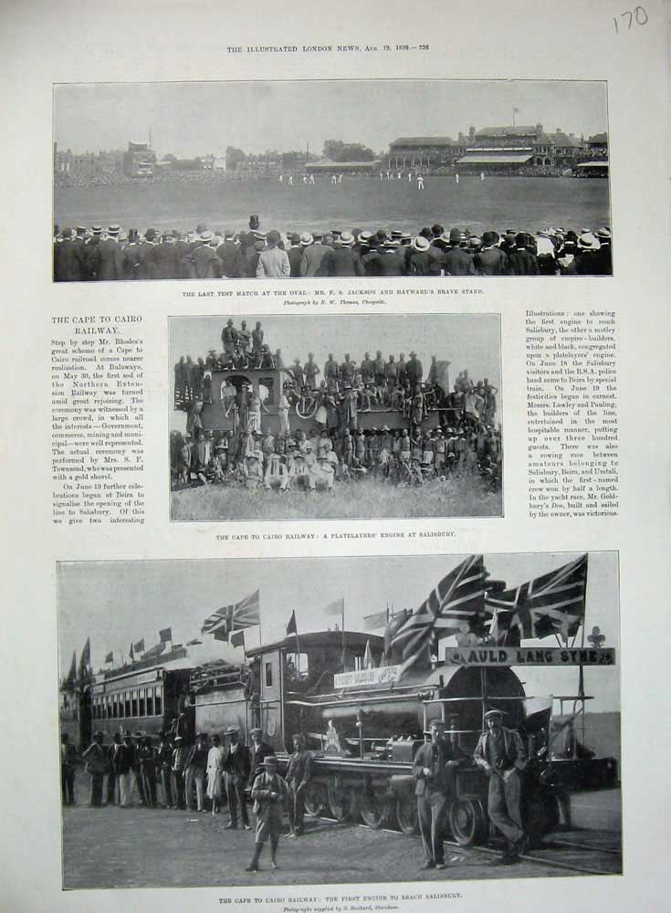 Original Old Antique Print 1899 Cape Cairo Railway Train Cricket Oval Salisbury