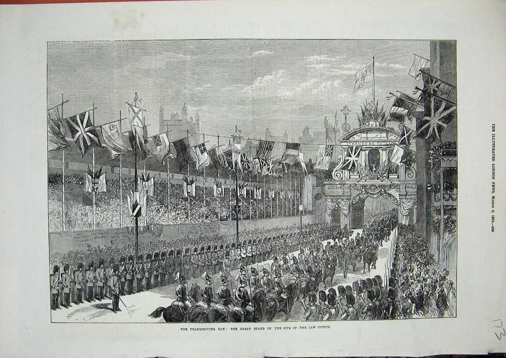 Original Old Antique Print Thanksgiving Day 1872 Law Courts Siers Guards Army