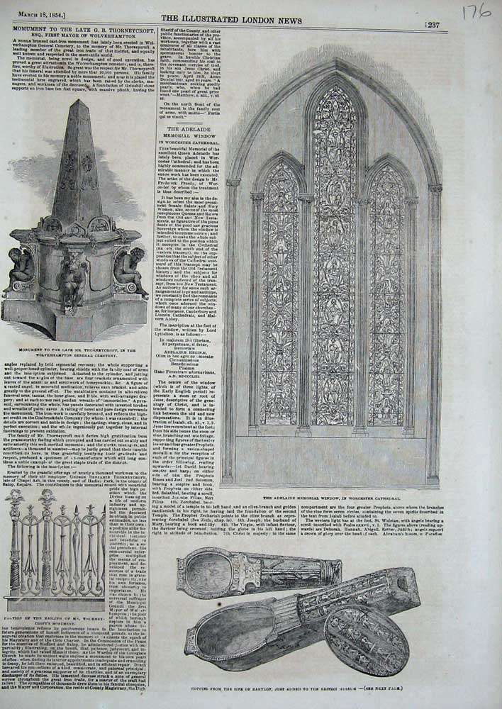 Old Antique Print 1854 Monument Thorneycroft Worcester Coffins Adelaide 19th