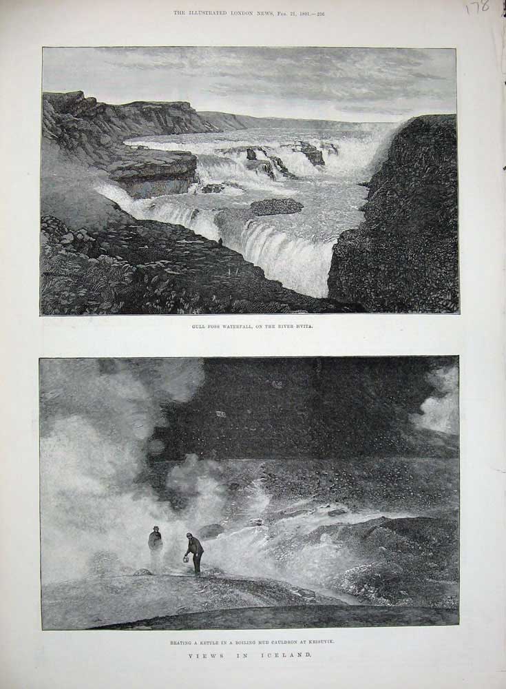 Old Antique Print 1891 Iceland Gull Foss Waterfall River Hvita Krisuvik 19th