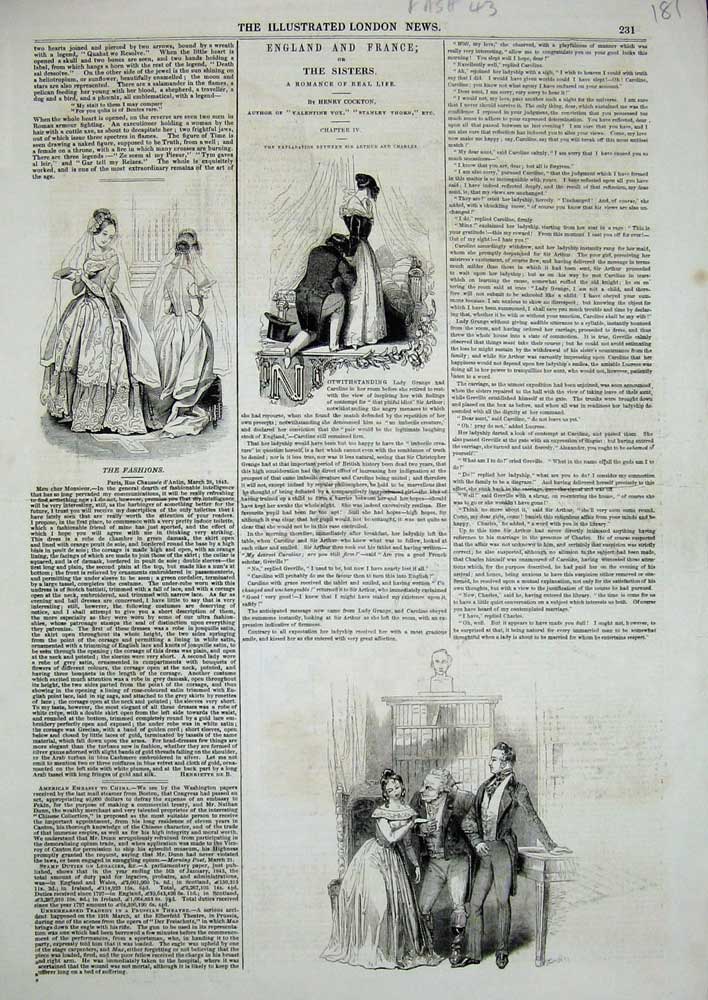 Original Old Antique Print Womens Fashion Story Sister Romance Men House 19th