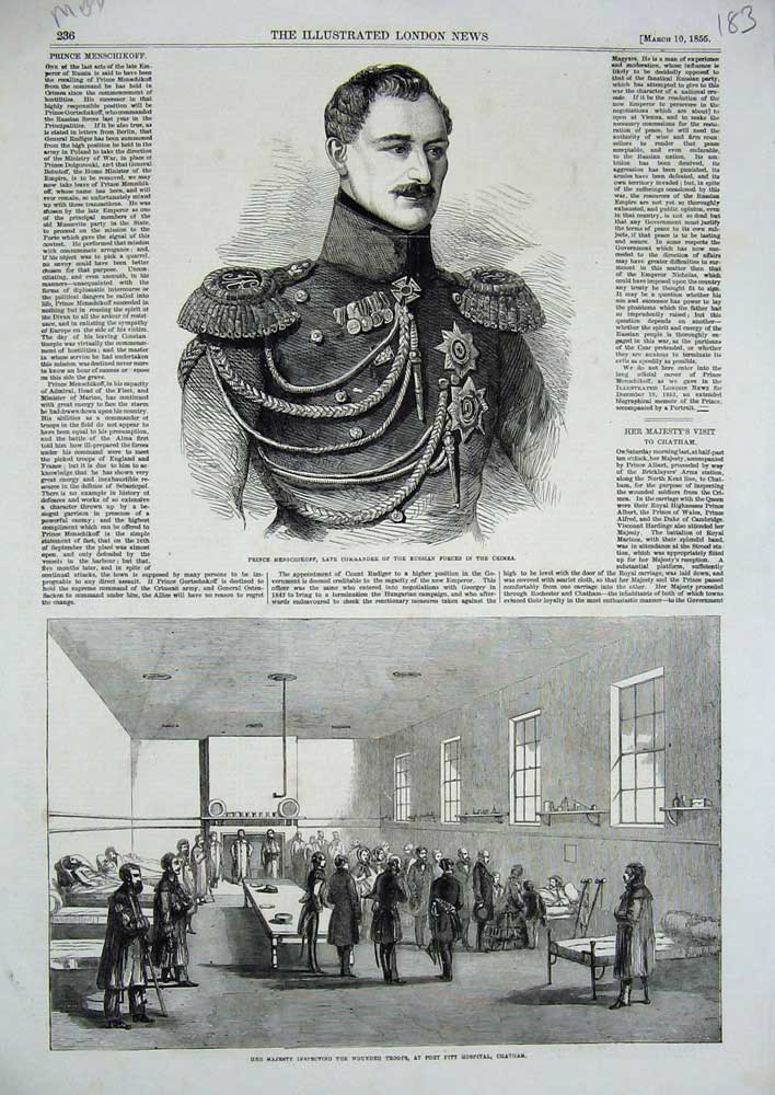 Old Antique Print 1855 Prince Menschikoff Russia Queen Fort Pitt Hospital 19th