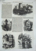 Original Old Antique Print 1867 Caen Chateau Falaise Normandy Notre Dame Gilles