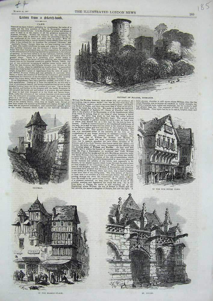 Original Old Antique Print 1867 Caen Chateau Falaise Normandy Notre Dame Gilles