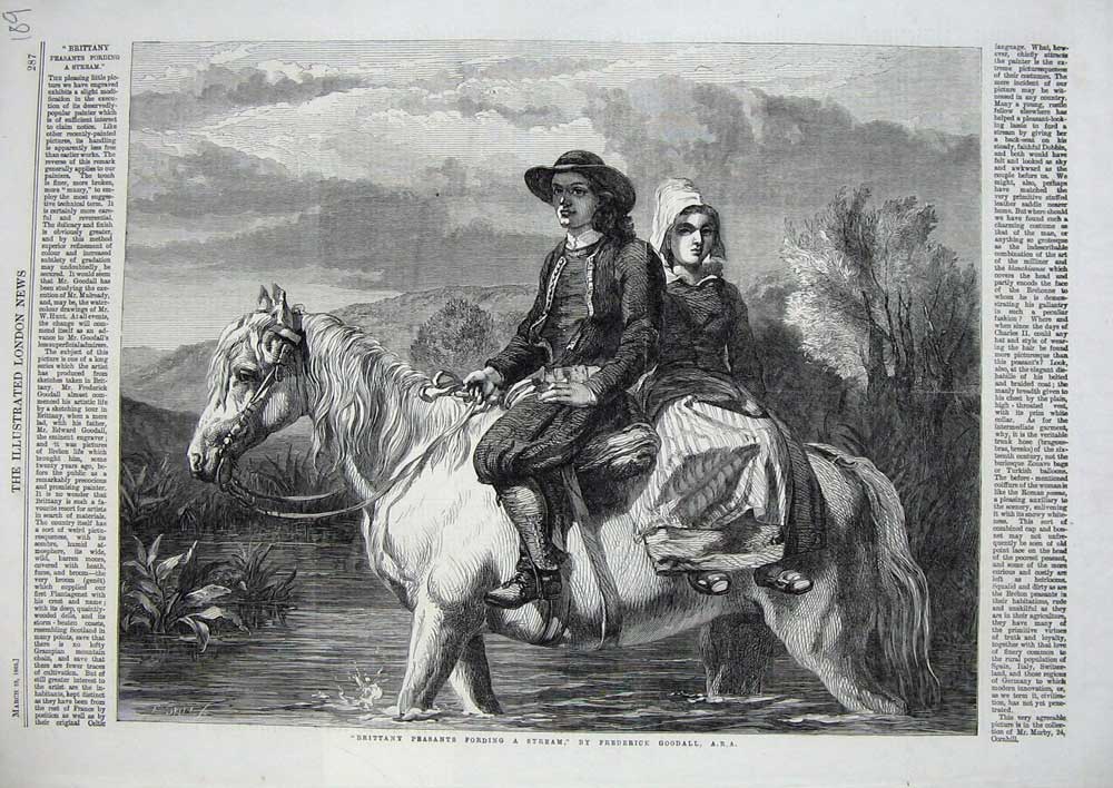 Original Old Antique Print 1862 Brittany Peasants Fording Stream Horse People