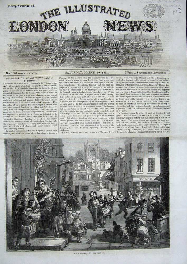 Old Antique Print 1861 Street Scene Selling Hot Cross Buns Dog Children 19th