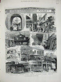 Original Old Antique Print 1880 Leadenhall Market Leather Market Stock-Alley