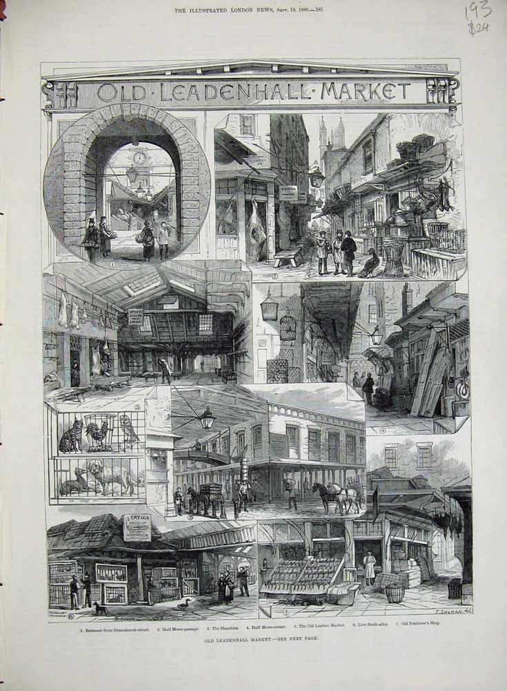Original Old Antique Print 1880 Leadenhall Market Leather Market Stock-Alley