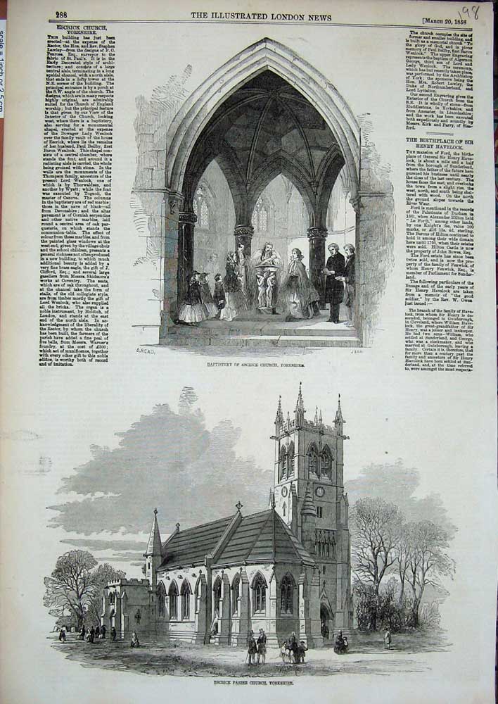 Old Antique Print 1858 Baptistery Escrick Parish Church Yorkshire England 19th