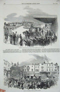 Original Old Antique Print 1851 Queen Railway Station Doncaster Angel Hotel