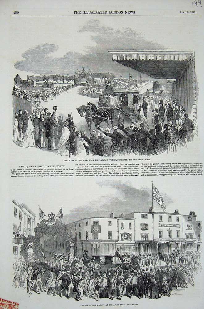 Original Old Antique Print 1851 Queen Railway Station Doncaster Angel Hotel