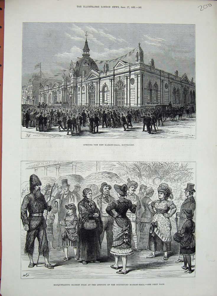Old Antique Print 1881 Market Hall Southport Masquerading People England 19th