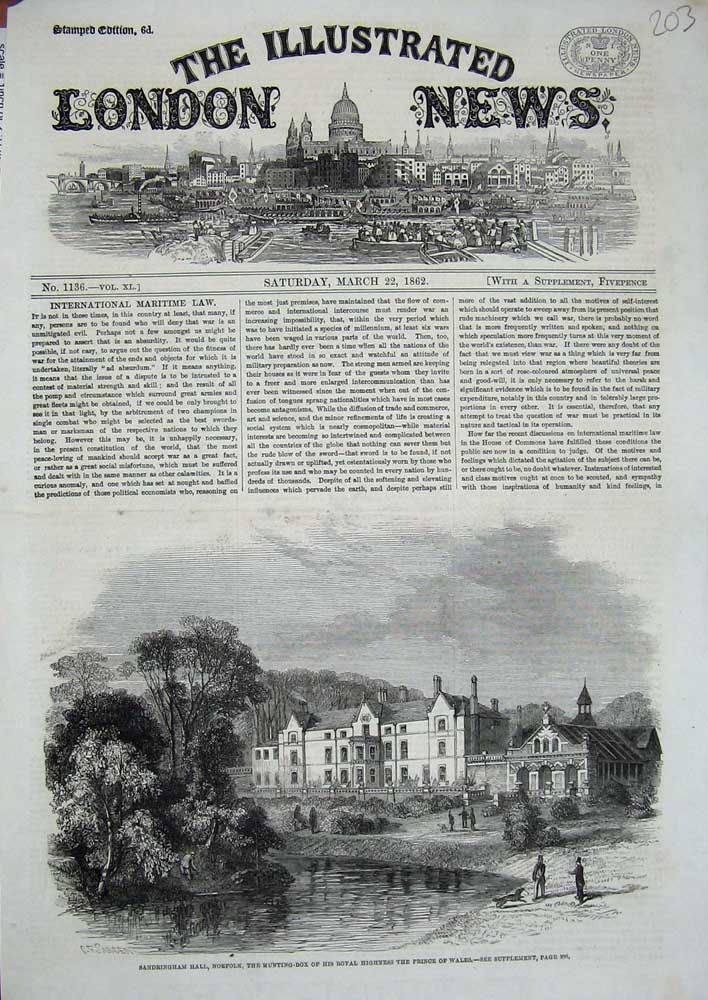 Old Antique Print 1862 Sandringham Hall Norfolk Hunting Box Prince Wales 19th