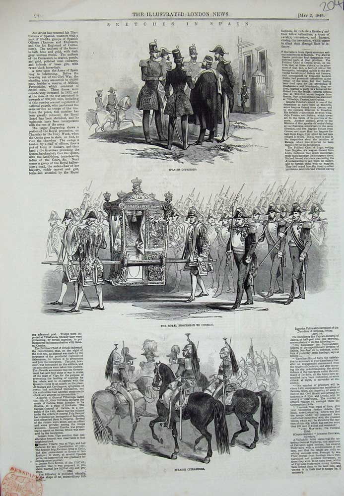 Original Old Antique Print 1846 Spanish Cuirassiers Officers Siers Carriage